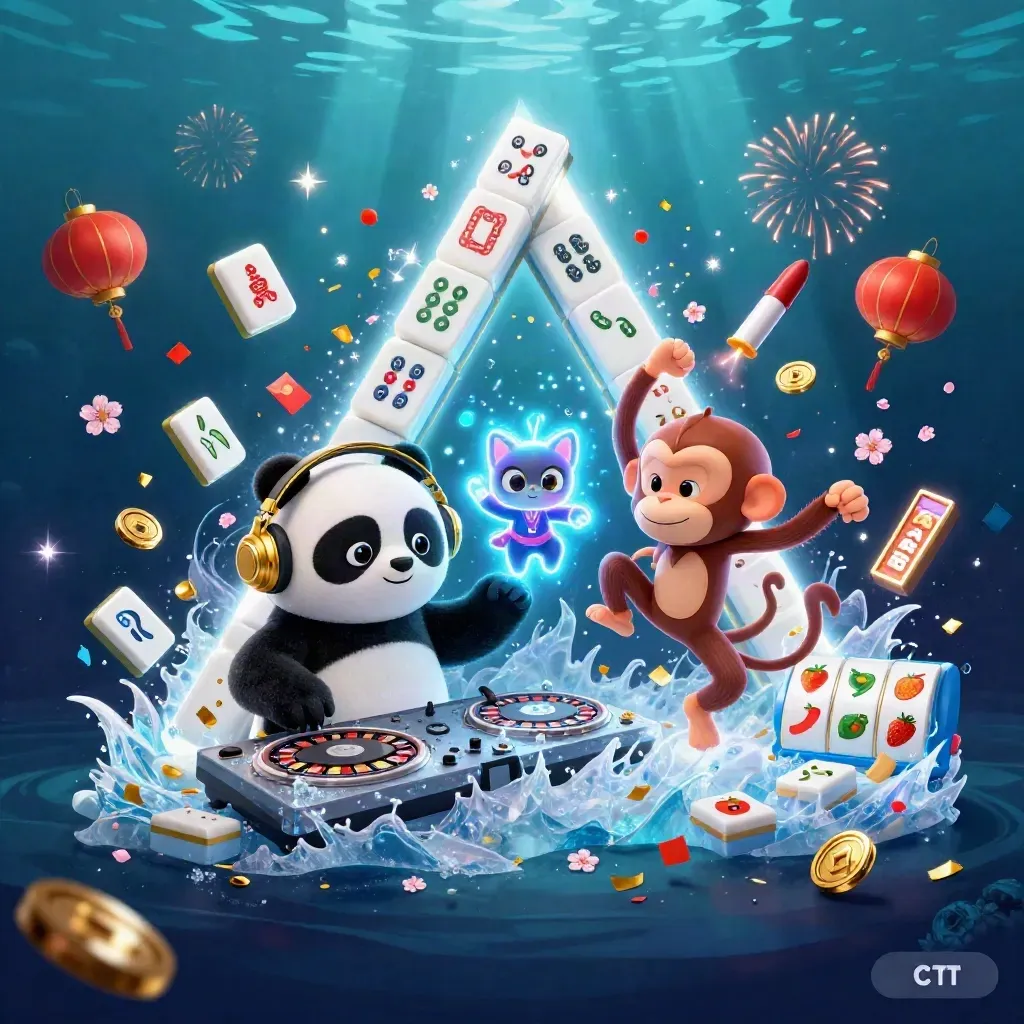 DJ panda, dancing monkey, and glow-stick kitten in icy neon casino splash art.