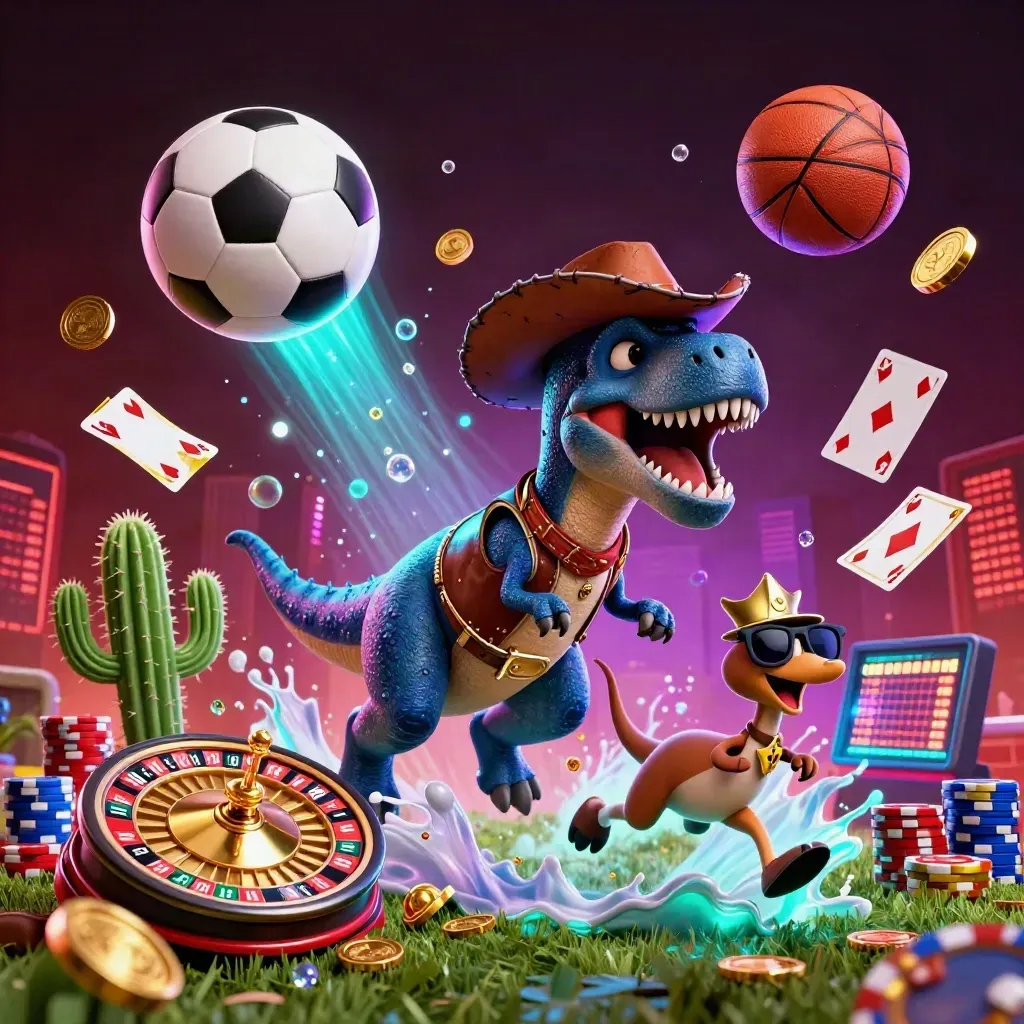 Cowboy T-Rex, cactus, and roadrunner with casino elements exploding around a ball