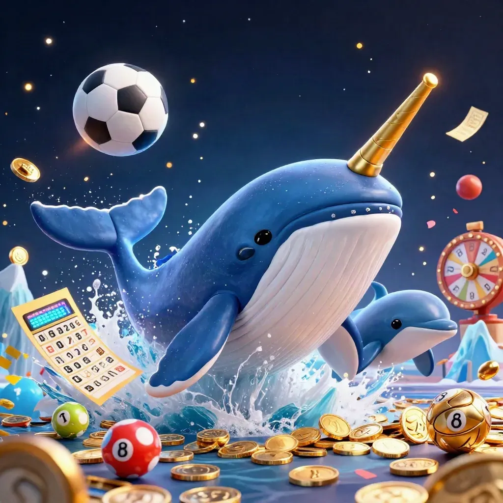 Whale, narwhal, and dolphins burst through coins with sports gear and casino tokens in neon light