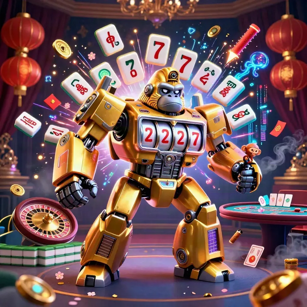 Golden gorilla slot mech with tiny monkey pilot amid lanterns, coins, roulette and casino glow