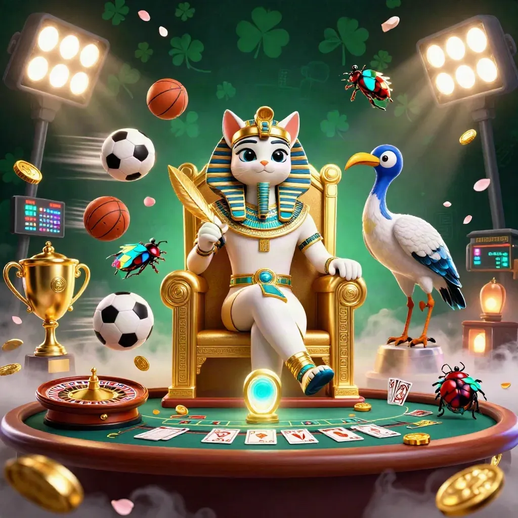 Pharaoh cat and ibis scribe in a frosty casino room with flying sports balls and glowing gold accents.