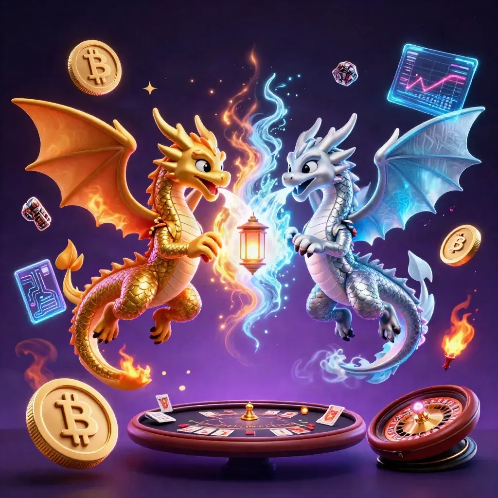 Gold and silver dragons swirl around neon crypto casino elements in a dark purple cosmic glow.