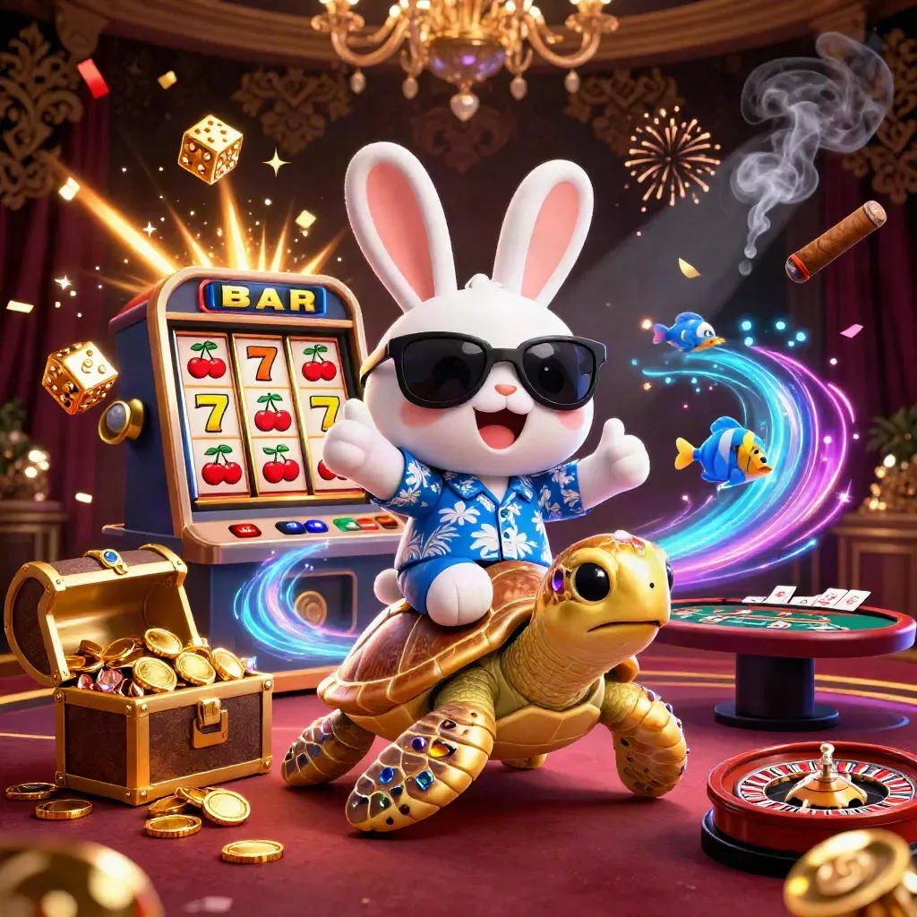 Rabbit on golden turtle amid slot burst, jewels, confetti, roulette, and luxe casino glow.
