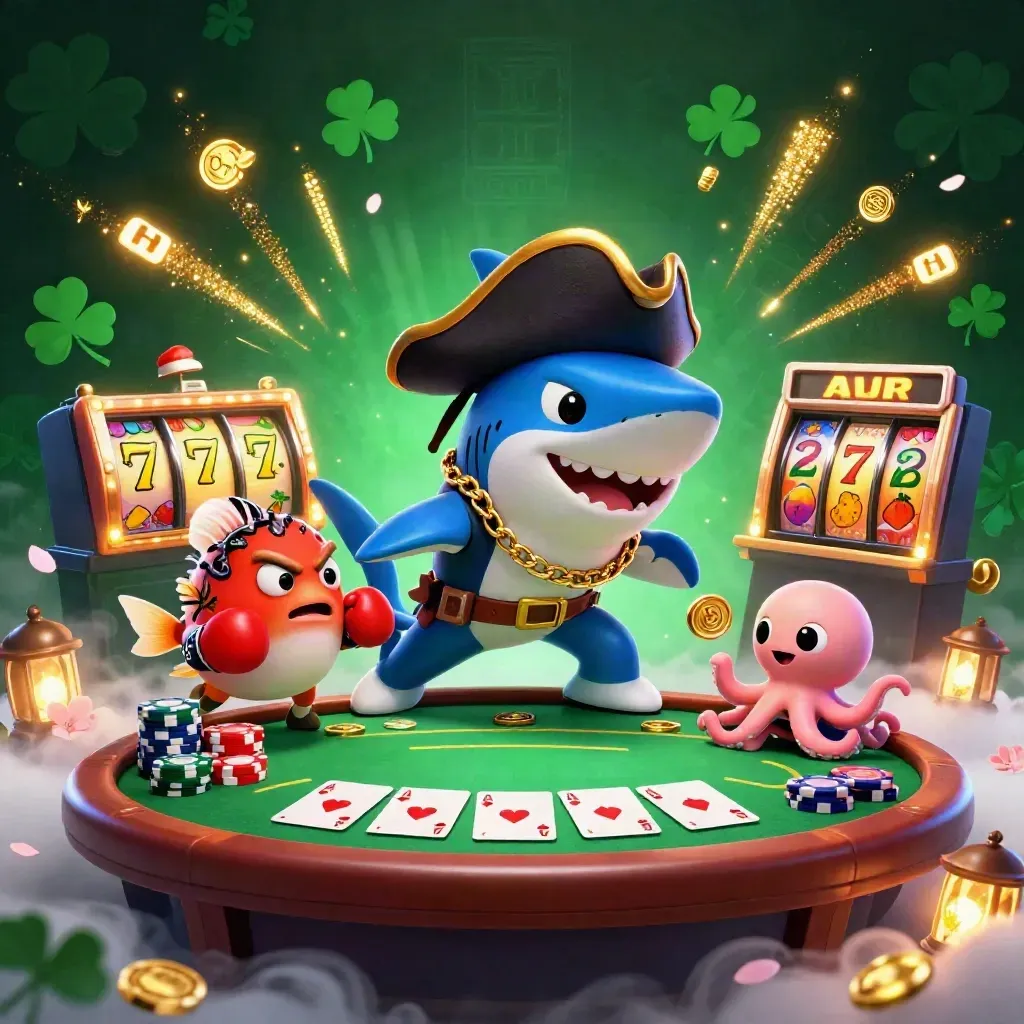Pirate shark, boxing pufferfish and coin-juggling octopus amid casino chips and icy neon glow.