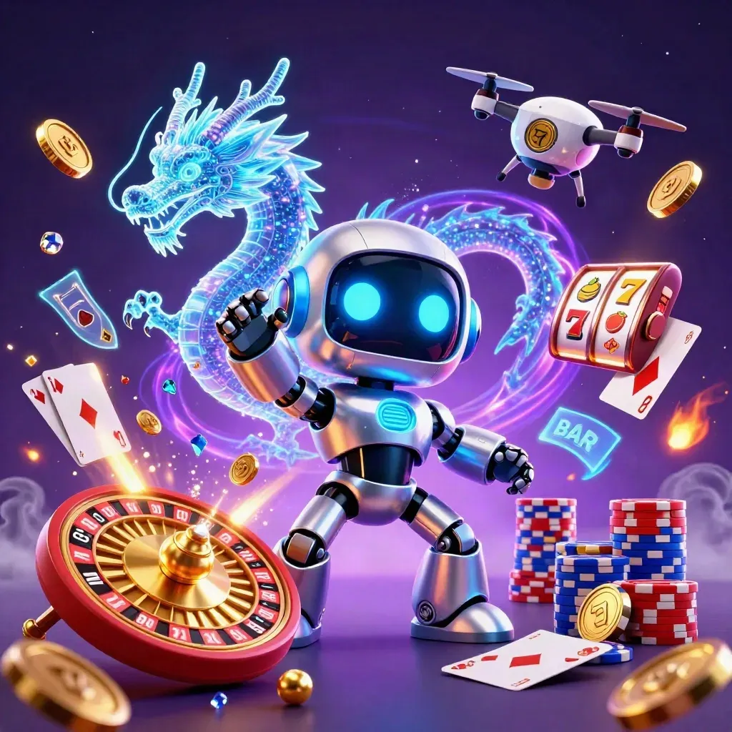 Robot, holographic dragon, and coin drone amid coins, chips, cards, and icy casino glow.