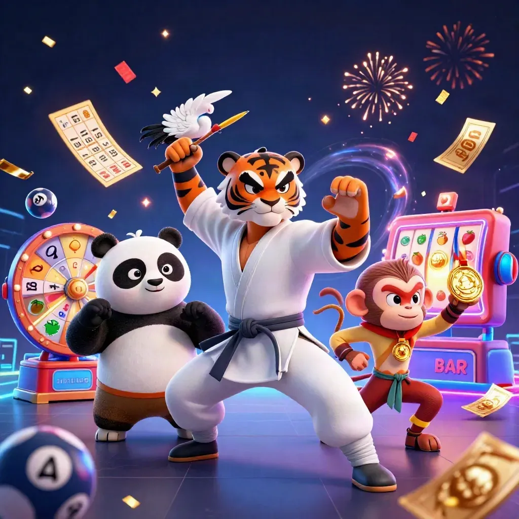 Tiger, panda, and monkey kung-fu heroes amid casino symbols in icy neon gold energy