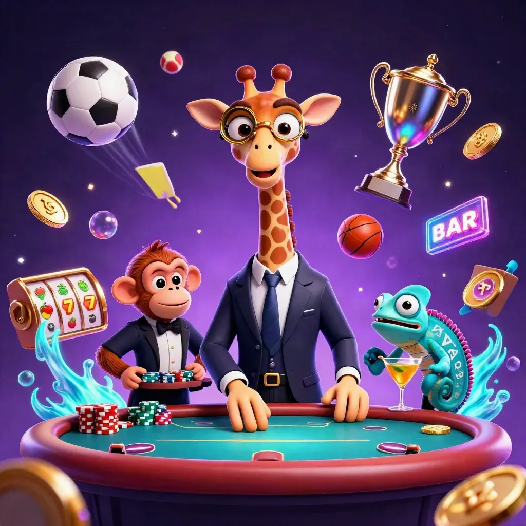 Giraffe, monkey, and chameleon in a neon casino storm with balls, coins, and gold glow.