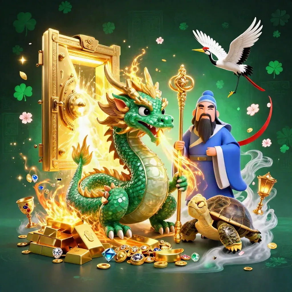 Emerald dragon, turtle sage, and cranes burst from a gold vault in icy casino glow.