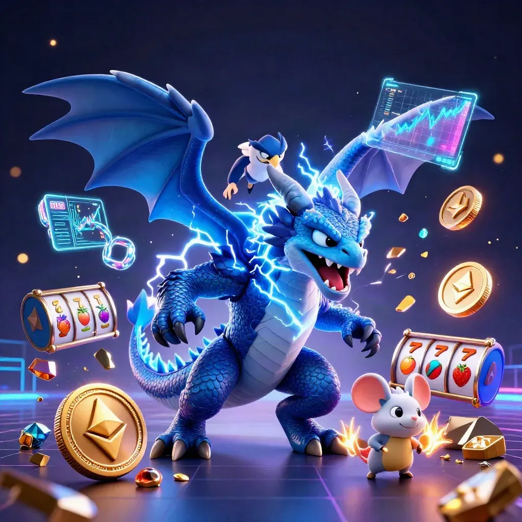 Thunder dragon, wind hawk and static mouse amid crypto coins, slot symbols and neon gold glow