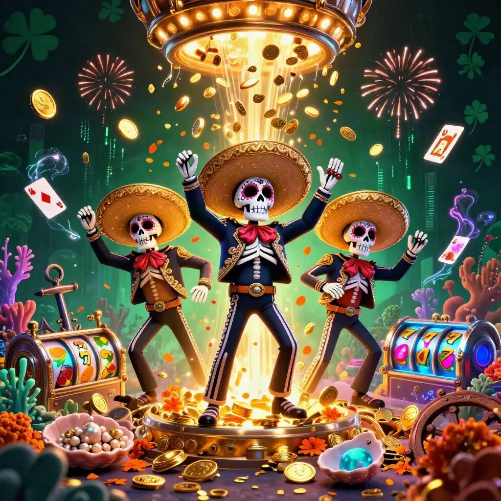 3 skeleton mariachi band amid coin showers, coral, reels, and neon casino glow