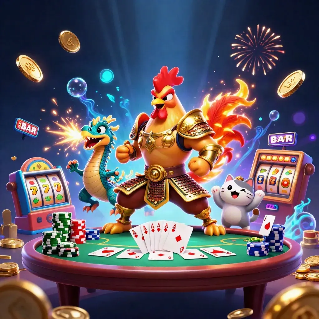 Rooster warrior, dragon hatchling, and fortune-cat amid exploding coins, slots, and fireworks.