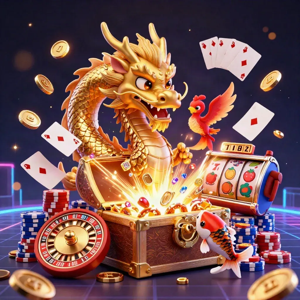 Golden dragon with phoenix and koi amid casino coins, chips, cards, and neon jackpot effects.