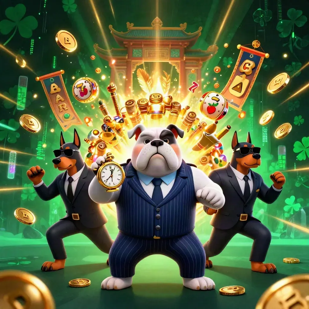 Cartoon bulldog boss and two Dobermans amid coins, slot reels, and neon casino energy.
