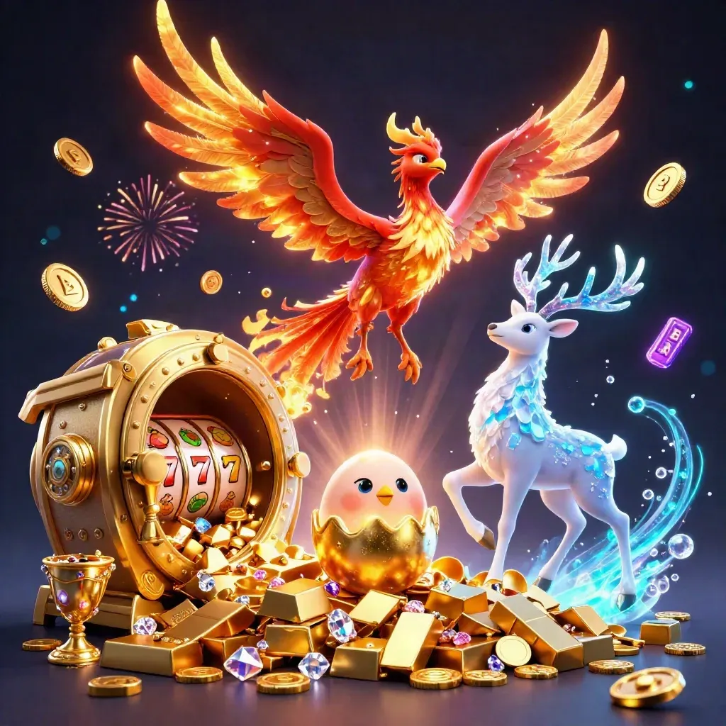 Phoenixes and a crystal stag burst from a glowing vault amid coins, gems, and fireworks.