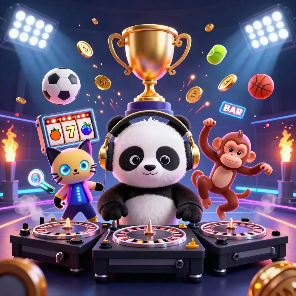 DJ panda, breakdancing monkey, and glow-stick kitten amid icy casino lights and slot symbols.