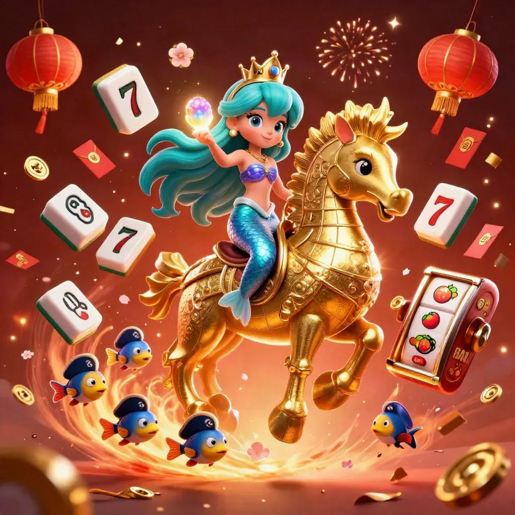 Mermaid princess rides a golden seahorse as pirate fish and casino symbols explode around her.