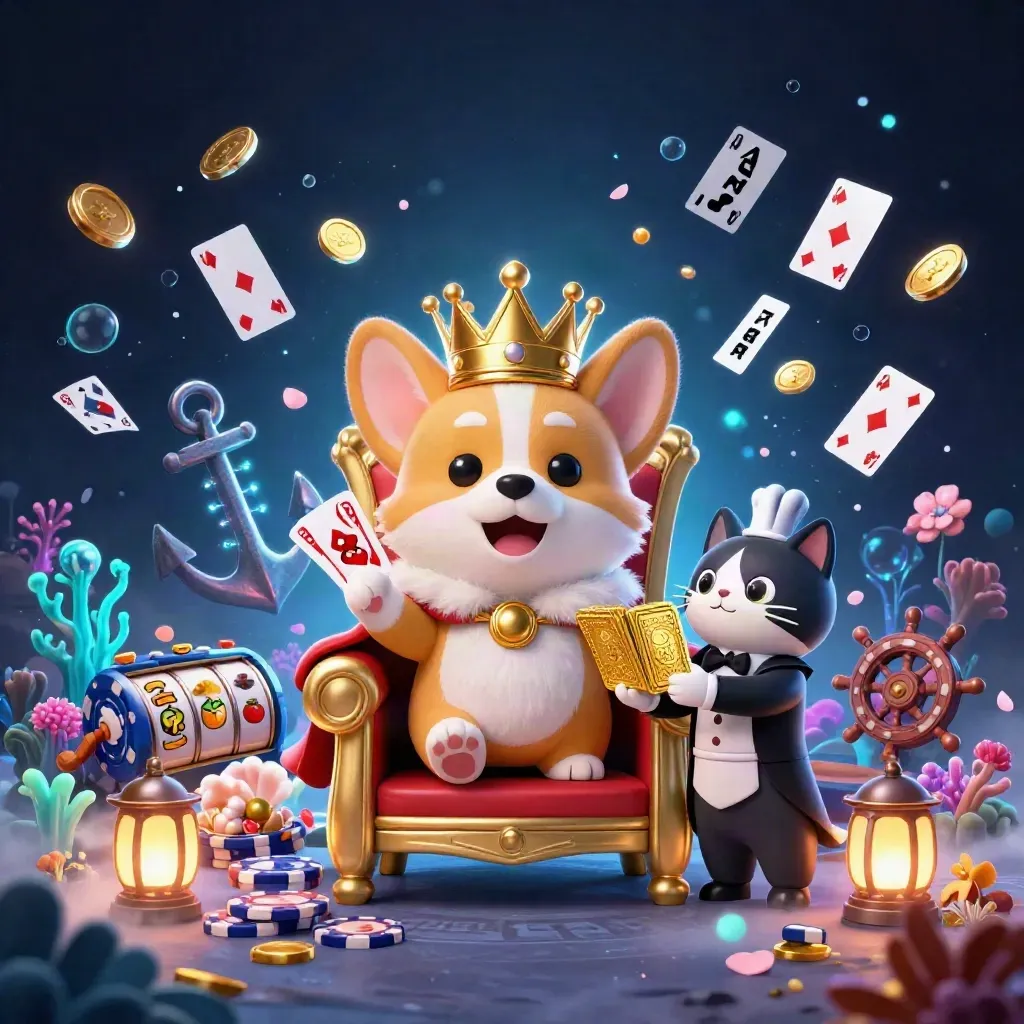 Royal corgi king and cat butler on chip throne amid icy casino treasure and glowing slot symbols.