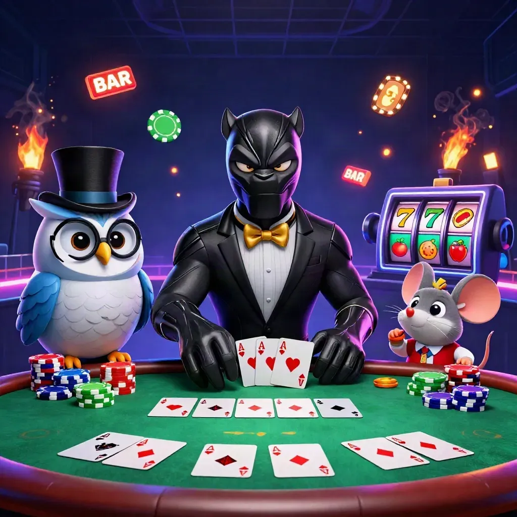 Panther, owl, and mouse at a glowing poker table with chips, aces, and icy neon lighting.