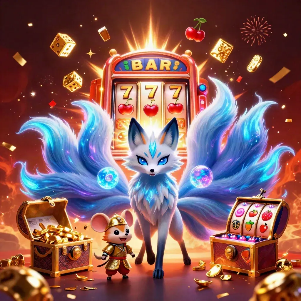 Fox spirit and gold-armored mouse amid exploding slot reels, jackpots, and glowing dice.