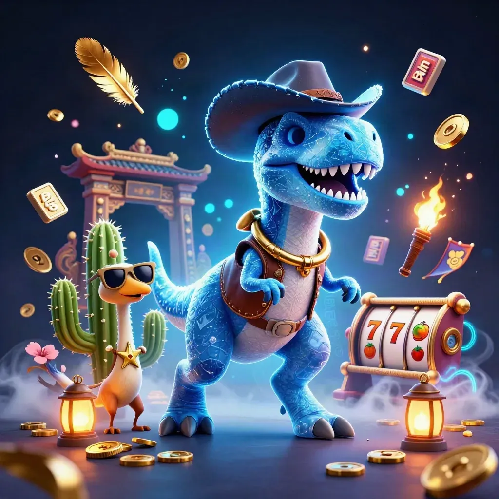 Cowboy T-Rex, cactus sidekick, and roadrunner amid icy casino effects and slot icons.
