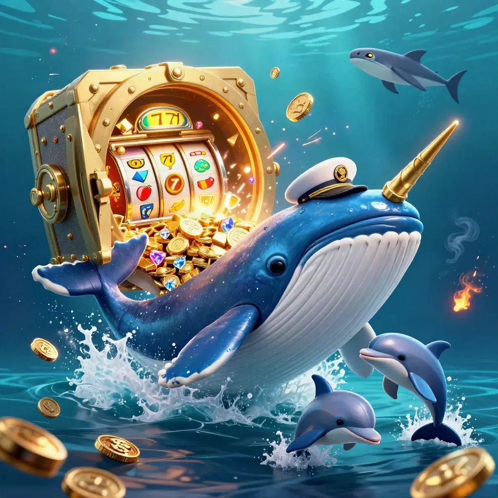 Whale captain, narwhal, and dolphins amid vault gold and icy casino glow.
