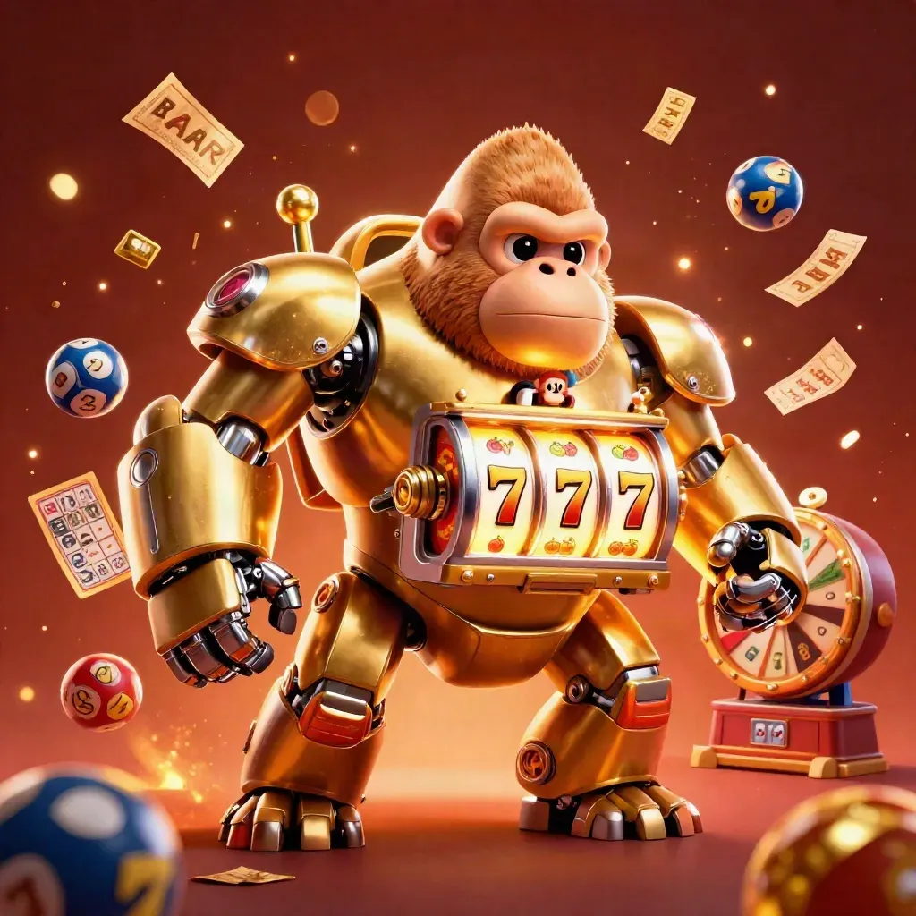 Golden gorilla slot mech with monkey pilot, jackpots, reels, balls and prize wheel in fiery casino glow