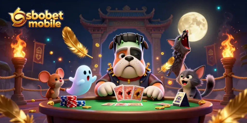 Experience sbobet mobile action with a 3D Frankenstein bulldog dealer at a spooky table.