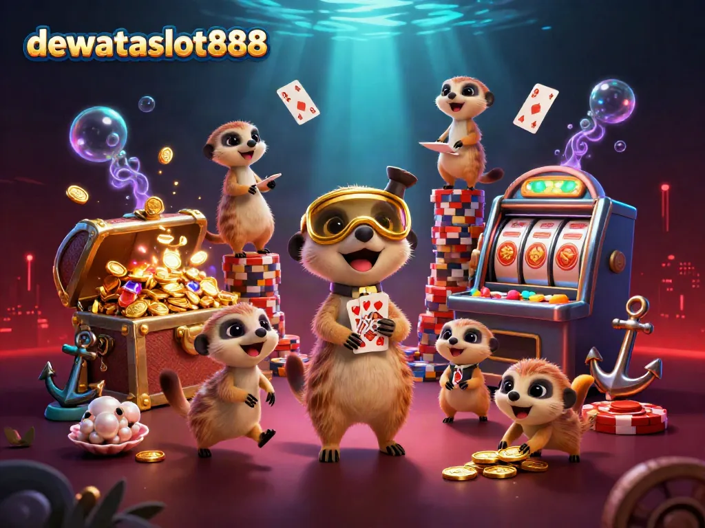 Melatih strategi slot di dewataslot888 dengan ilustrasi kasino 3D meerkat yang dinamis.