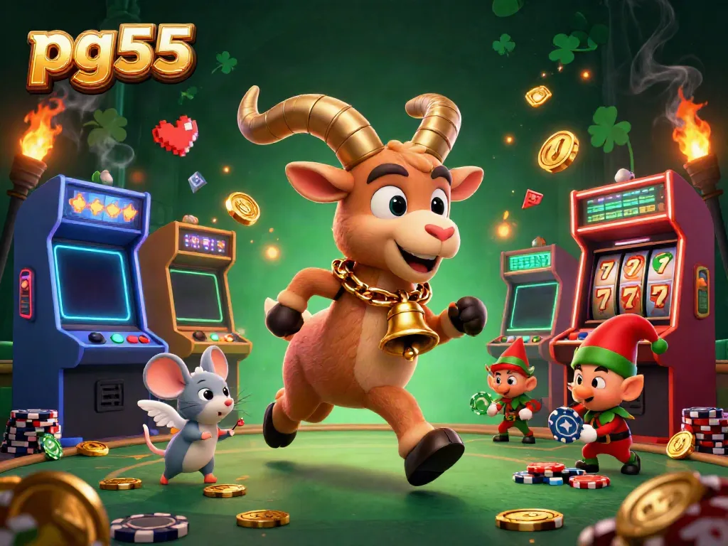 Experience festive fun at pg55 casino with a Krampus goat managing chaos among players and mischief-makers.
