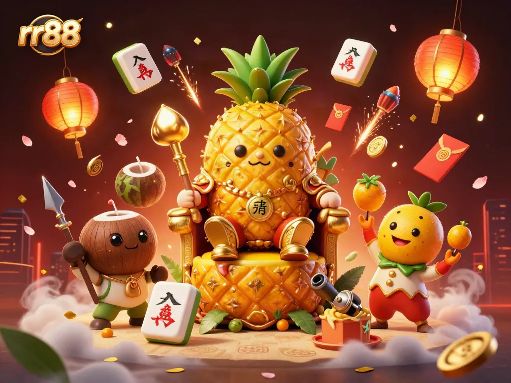 Engage with rr88's golden pineapple king as he reigns over a vibrant casino scene.