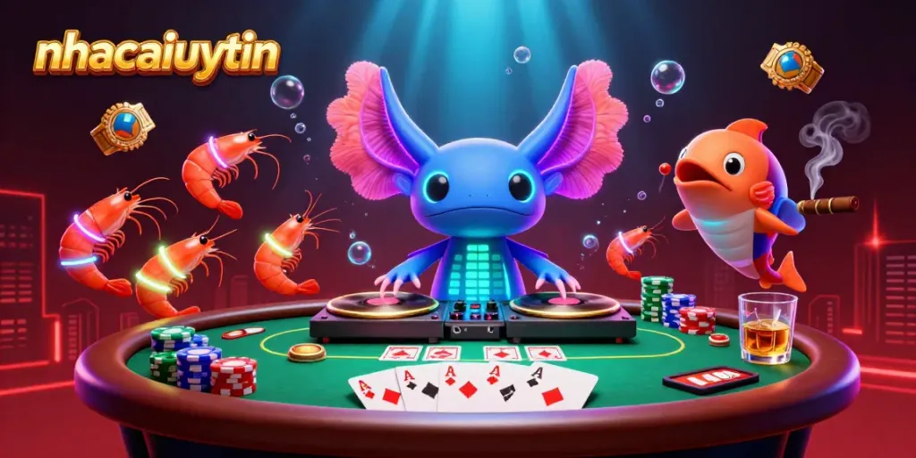 Experience the lively nhacaiuytin casino scene with a neon axolotl DJ and poker dynamic.