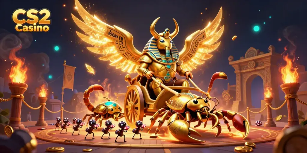 Engage in dynamic CS2 Casino gambling with a golden scarab beetle and scorpions in a vibrant 3D illustration.