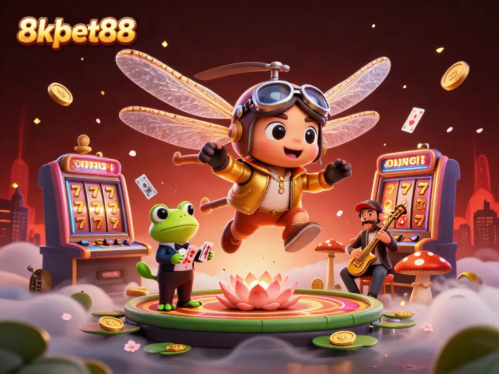 Experience the excitement of 8xbet88 with a vibrant 3D casino scene featuring thrilling slot machines and lively characters.
