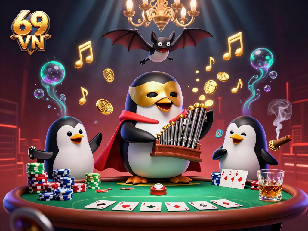 Experience 69 VN's thrilling casino adventure with a golden coin-shooting penguin and vibrant poker scenes.
