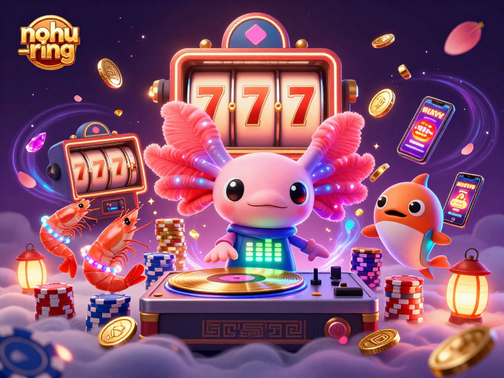 Experience nohu-ring's vibrant gameplay as colorful characters celebrate winning spins with overflowing jackpots.