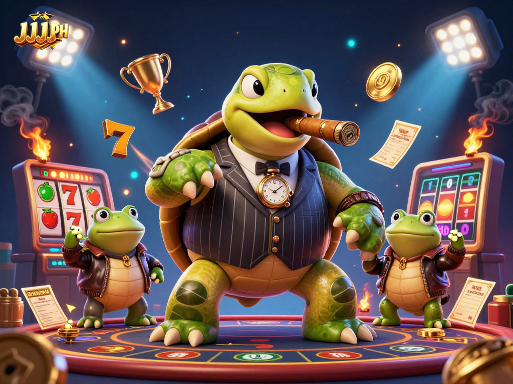 Makita ang JJJPH sa casino na puno ng pagsasaya sa 3D dolyar at mga simbolo ng slot.