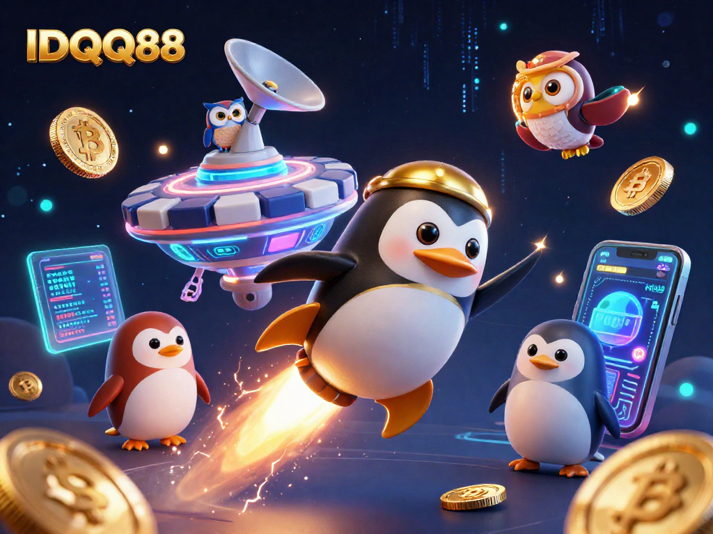 Experience the thrill of IDQQ88 with a dynamic casino scene featuring colorful crypto elements and a golden penguin.