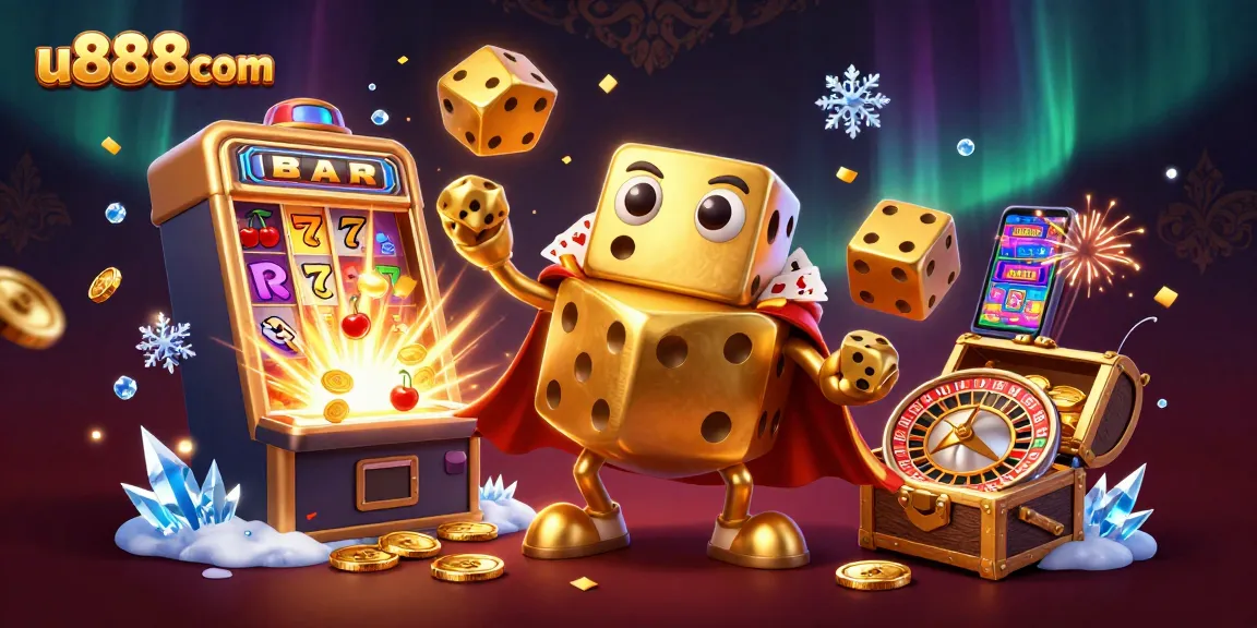Experience winning moments with u888com's vibrant 3D casino illustration featuring dynamic golden dice and slot machines.
