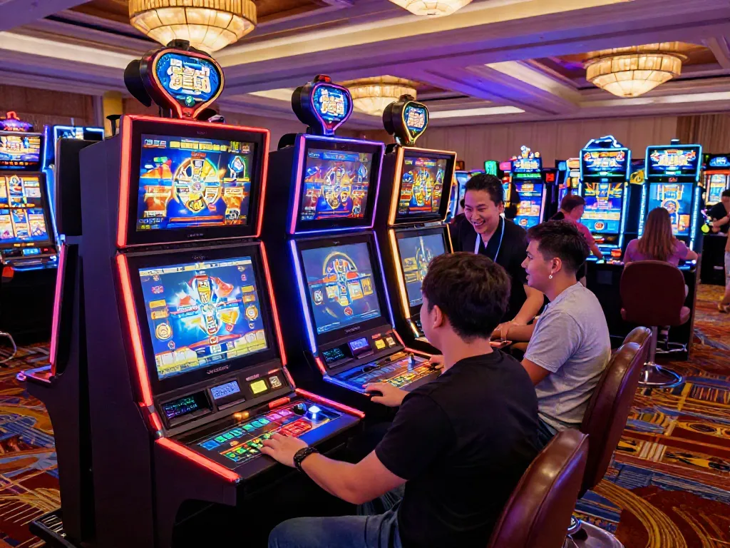 Engaging slot demo experience with friends at a vibrant casino floor.