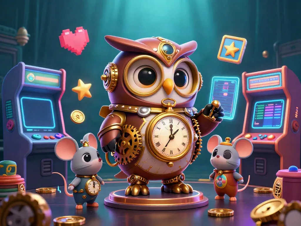 Experience the thrilling world of trang app 8xbet with a steampunk owl, vibrant game machines, and casino elements.