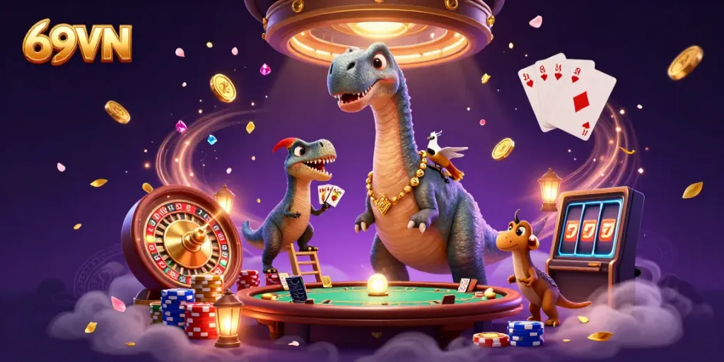 Experience excitement at 69VN with a towering brontosaurus and raptor dealer amidst sparkling casino elements.