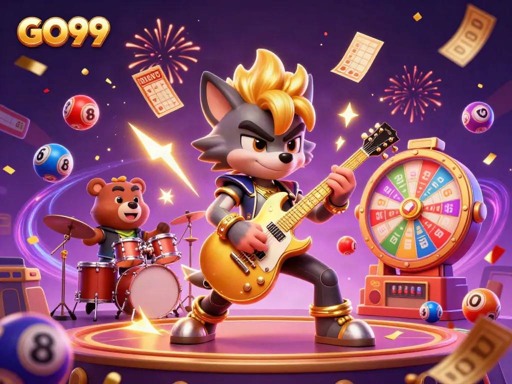 Engage with GO99's vibrant casino world featuring a rock star wolf and exciting gaming elements.