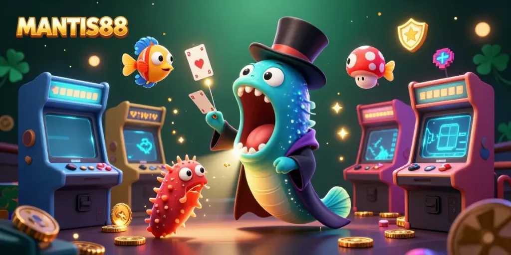 MANTIS88 showcases a magical casino scene with vibrant aquatic characters performing card tricks and enchanting game elements.