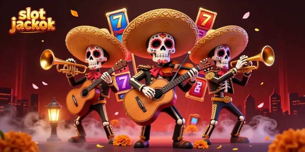 Experience vibrant slot jackpots with skeleton mariachi characters in a colorful 3D scene.