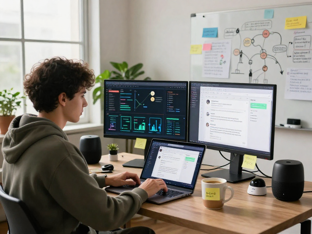 Spicy AI developer immersed in chatbot design and analytics in a modern workspace.
