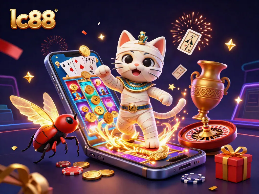 Engage with lc88, as the Egyptian mummy cat bursts from a golden sarcophagus in a vibrant casino scene.