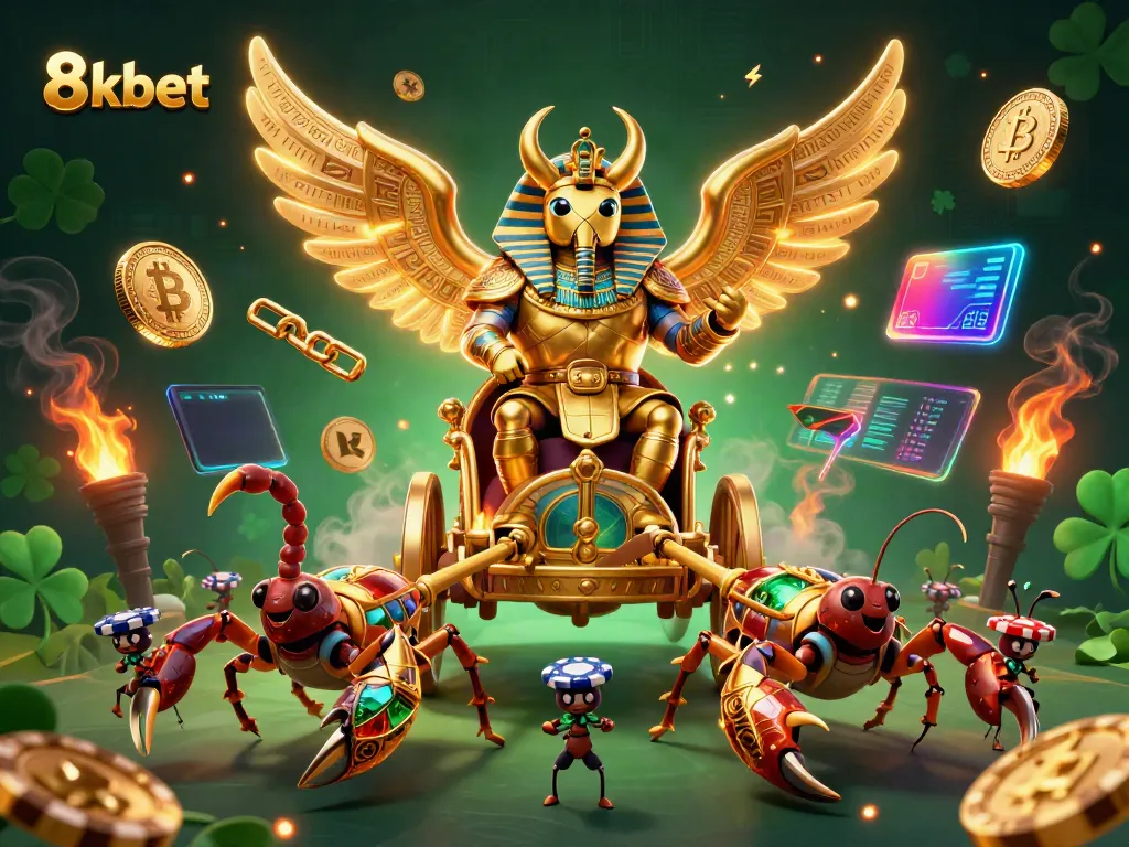 Experience the vibrant casino world of 8xbet with dynamic golden scarab and scorpions amidst neon crypto elements.