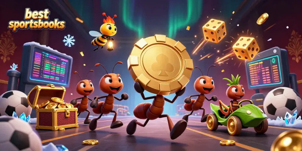 Visualize the best sportsbooks with a team of cartoon ants carrying a large poker chip, surrounded by dynamic gaming elements.