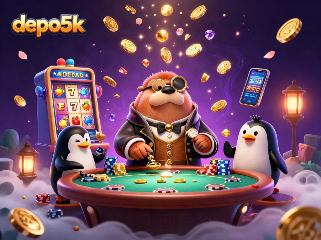Experience thrilling gameplay at depo5k with a poker scene featuring vibrant characters and exciting slot elements.