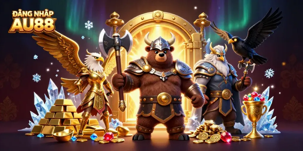 Engage with the thrilling world of ĐĂNG NHẬP AU88 featuring a Viking bear amidst treasures in an action-packed casino scene.
